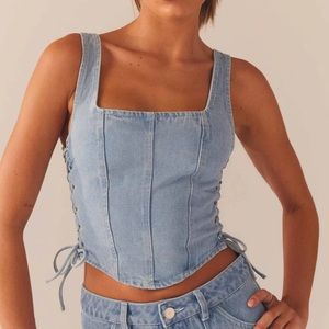 Peppermayo Exclusive - Giddy Up Denim Bustier Top - Subdued Blue. WORN ONCE
